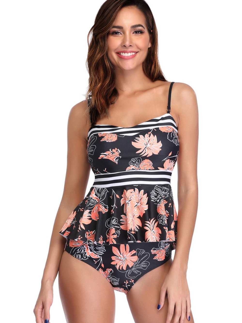 Marinavida 2pc. Black & Peach Floral Peplum Tankini Swim Set